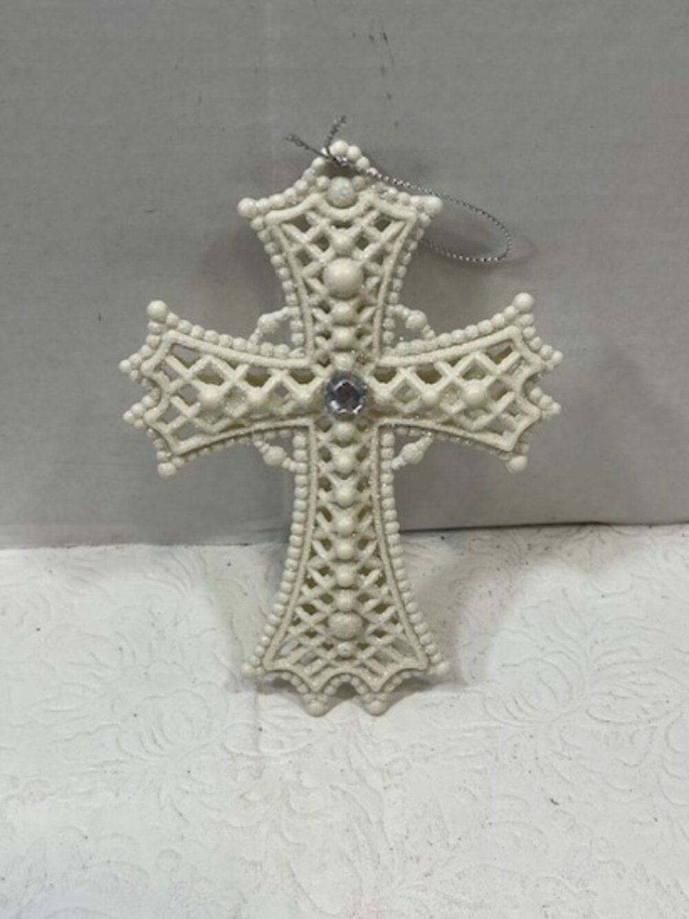 White Christmas Cross Ornament Intricate Lace Pattern Rhinestone Plastic 5.5"H
